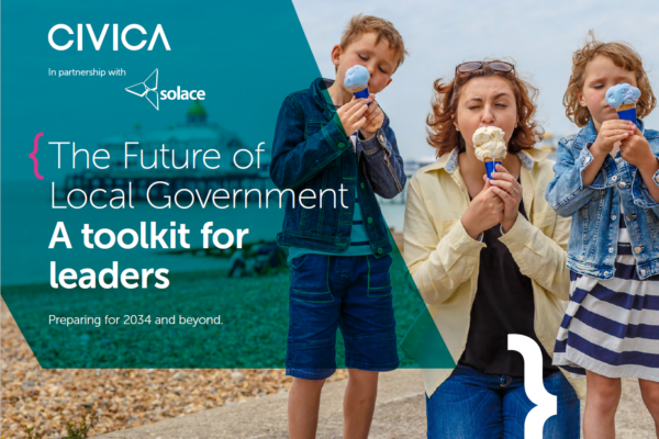 The image is a promotional cover for a toolkit titled "The Future of Local Government: A toolkit for leaders" created by Civica in partnership with Solace. The background shows a woman and two children enjoying ice cream by the seaside, with a boardwalk or pier visible in the distance. The text highlights the focus on preparing local government leaders for the year 2034 and beyond. The Civica and Solace logos are displayed at the top left corner of the cover.